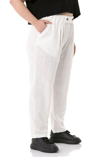 Plus Size Front Pleated Pocketed Linen White Trousers