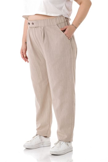 Plus Size Front Pleated Pocketed Linen Beige Trousers