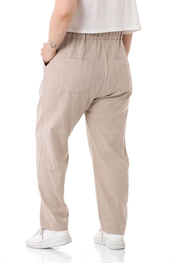 Plus Size Front Pleated Pocketed Linen Beige Trousers