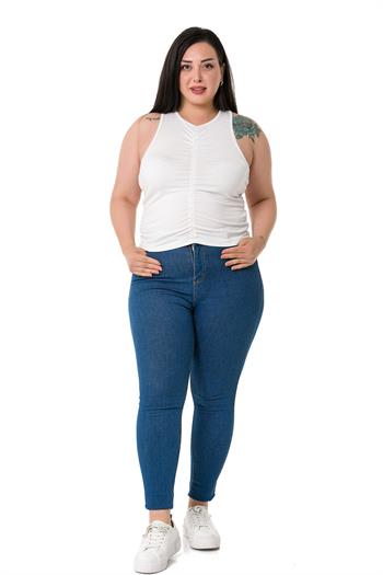 Büyük Beden Önü ve Yanları Drapeli Halter Yaka Ekru Body