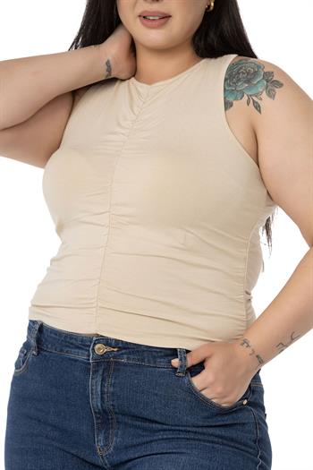 Büyük Beden Önü ve Yanları Drapeli Halter Yaka Bej Rengi Body