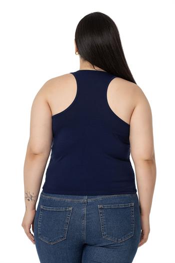 Büyük Beden Önü ve Yanları Drapeli Halter Yaka Lacivert Body