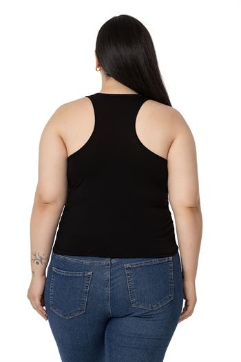 Büyük Beden Önü ve Yanları Drapeli Halter Yaka Siyah Body