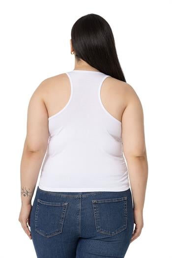 Büyük Beden Önü ve Yanları Drapeli Halter Yaka Beyaz Body