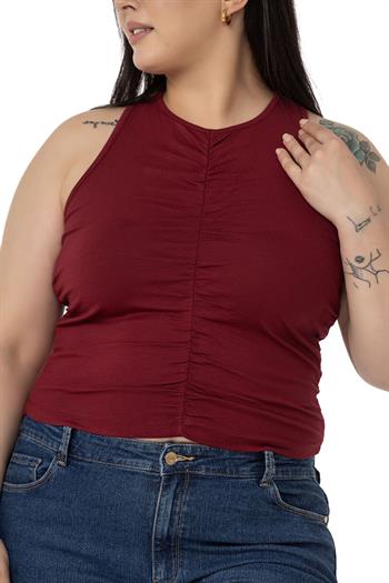 Büyük Beden Önü ve Yanları Drapeli Halter Yaka Bordo Body