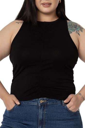 Büyük Beden Önü ve Yanları Drapeli Halter Yaka Siyah Body