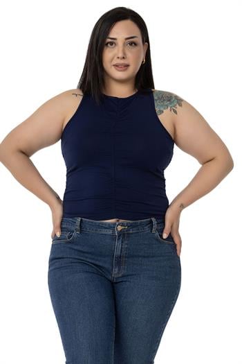 Büyük Beden Önü ve Yanları Drapeli Halter Yaka Lacivert Body