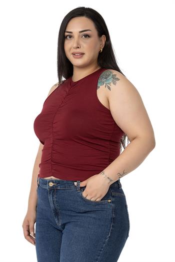 Büyük Beden Önü ve Yanları Drapeli Halter Yaka Bordo Body