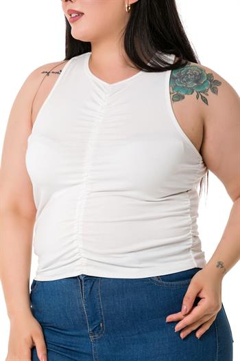 Büyük Beden Önü ve Yanları Drapeli Halter Yaka Ekru Body