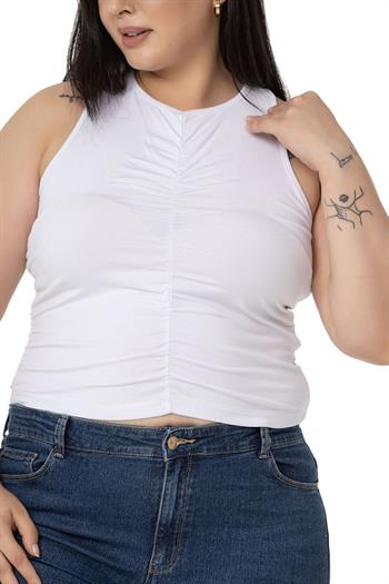 Büyük Beden Önü ve Yanları Drapeli Halter Yaka Beyaz Body