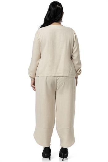 Büyük Beden Paça Detaylı Bluz Pantolon Bej Rengi İkili Takım