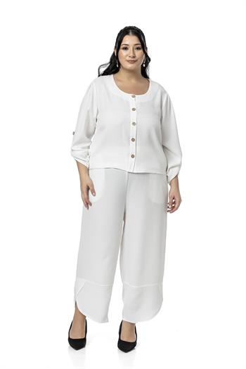 Büyük Beden Paça Detaylı Bluz Pantolon Beyaz İkili Takım