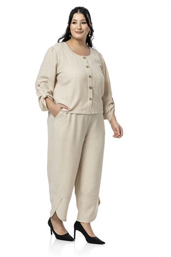 Büyük Beden Paça Detaylı Bluz Pantolon Bej Rengi İkili Takım