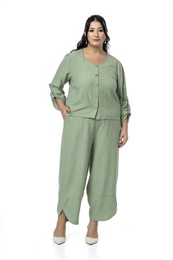 Büyük Beden Paça Detaylı Bluz Pantolon Çağla Yeşili İkili Takım