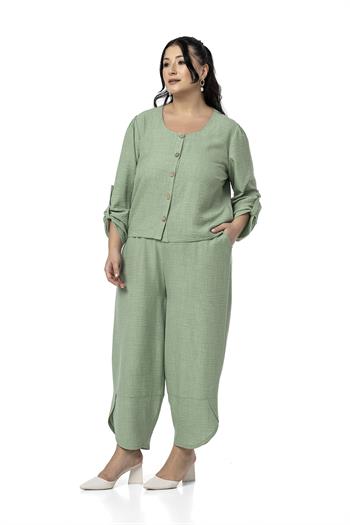Büyük Beden Paça Detaylı Bluz Pantolon Çağla Yeşili İkili Takım