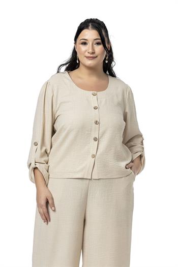 Büyük Beden Paça Detaylı Bluz Pantolon Bej Rengi İkili Takım
