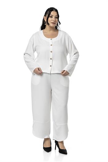 Büyük Beden Paça Detaylı Bluz Pantolon Beyaz İkili Takım
