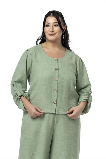 Büyük Beden Paça Detaylı Bluz Pantolon Çağla Yeşili İkili Takım