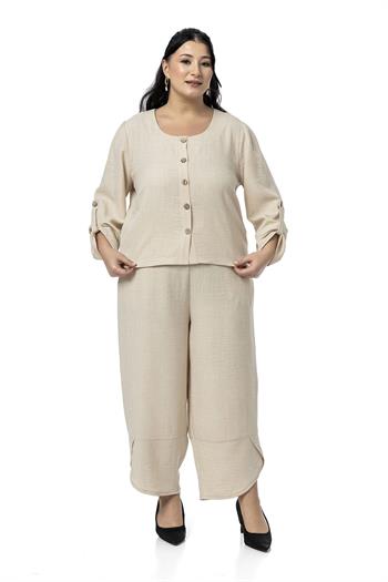 Büyük Beden Paça Detaylı Bluz Pantolon Bej Rengi İkili Takım