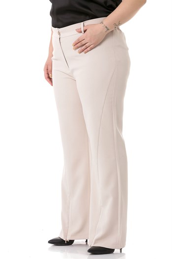 Plus Size Beige Trousers with Zippered Legs and Elastic Back Waist