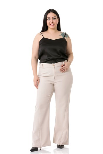 Plus Size Beige Trousers with Zippered Legs and Elastic Back Waist