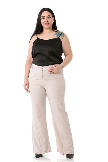 Plus Size Beige Trousers with Zippered Legs and Elastic Back Waist
