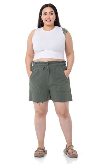 Plus Size Khaki Shorts with Dyed Pockets Elastic and Drawstring Waist Relaxed Cut