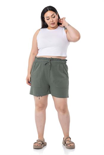 Plus Size Khaki Shorts with Dyed Pockets Elastic and Drawstring Waist Relaxed Cut