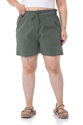 Plus Size Khaki Shorts with Dyed Pockets Elastic and Drawstring Waist Relaxed Cut