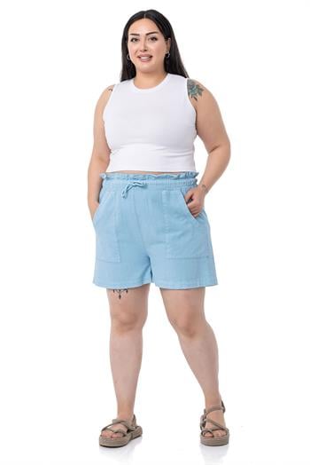 Plus Size Blue Shorts with Dyed Pockets Elastic and Drawstring Waist Relaxed Cut