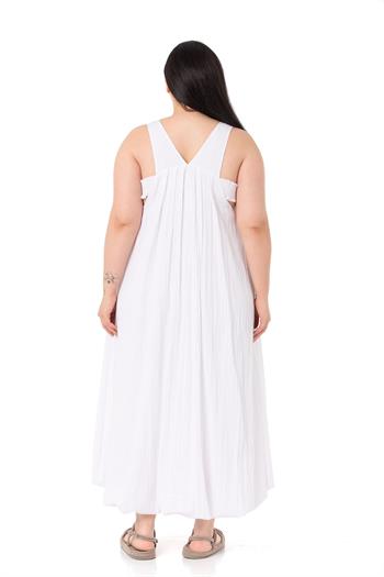 Büyük Beden Pencere Detaylı Askılı Beyaz Balon Elbise