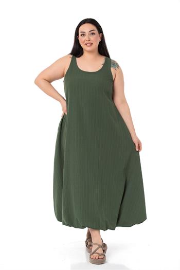 Büyük Beden Pencere Detaylı Askılı Haki Balon Elbise