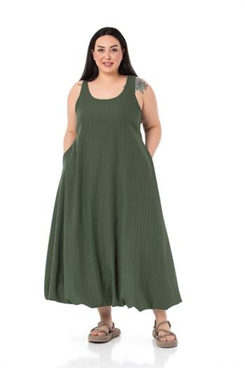 Büyük Beden Pencere Detaylı Askılı Haki Balon Elbise