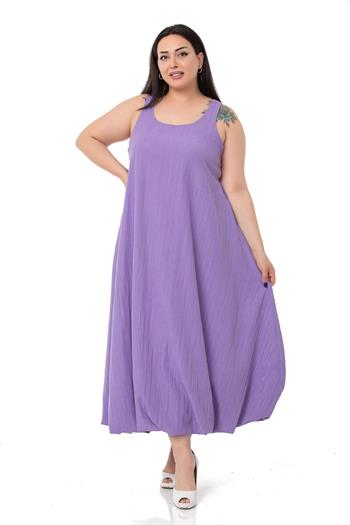 Büyük Beden Pencere Detaylı Askılı Lila Balon Elbise