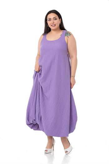 Büyük Beden Pencere Detaylı Askılı Lila Balon Elbise