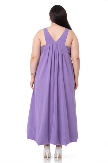 Büyük Beden Pencere Detaylı Askılı Lila Balon Elbise