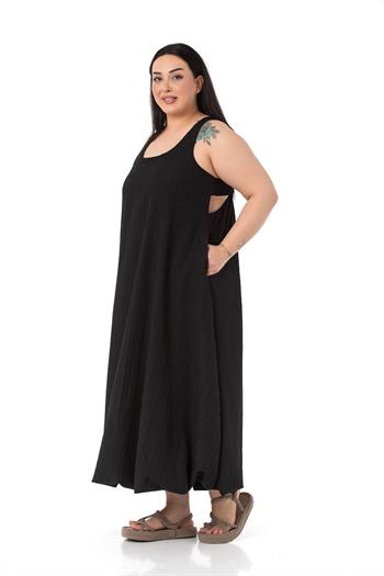 Büyük Beden Pencere Detaylı Askılı Siyah Balon Elbise