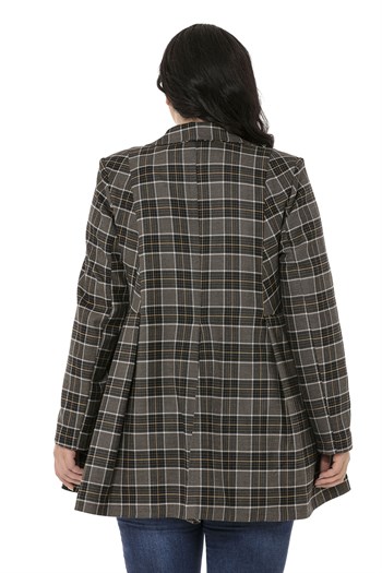 Büyük Beden Pile Detaylı Astarlı Siyah Hardal Ekose Ceket