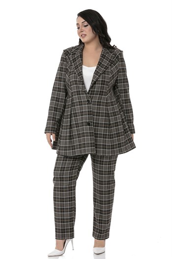 Büyük Beden Pile Detaylı Astarlı Siyah Hardal Ekose Ceket