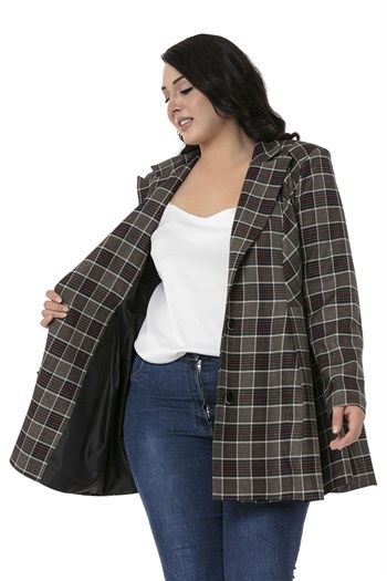 Büyük Beden Pile Detaylı Astarlı Siyah Kırmızı Ekose Ceket