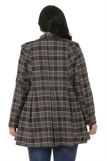 Büyük Beden Pile Detaylı Astarlı Siyah Kırmızı Ekose Ceket