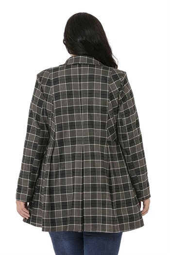 Büyük Beden Pile Detaylı Astarlı Siyah Zümrüt Ekose Ceket