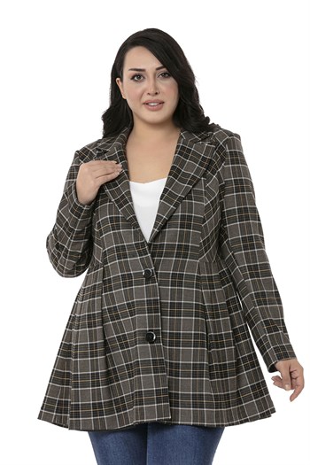 Büyük Beden Pile Detaylı Astarlı Siyah Hardal Ekose Ceket