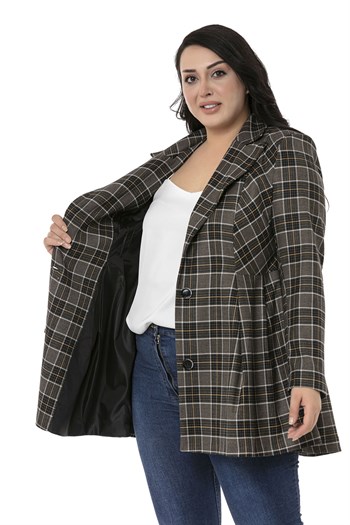 Büyük Beden Pile Detaylı Astarlı Siyah Hardal Ekose Ceket