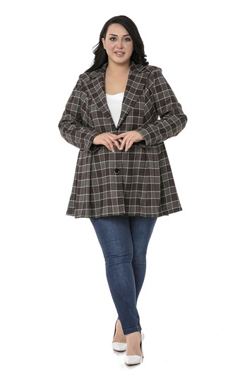 Büyük Beden Pile Detaylı Astarlı Siyah Kırmızı Ekose Ceket