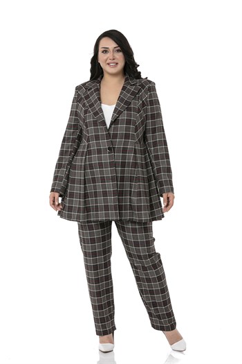 Büyük Beden Pile Detaylı Astarlı Siyah Kırmızı Ekose Ceket