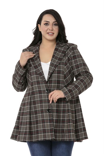 Büyük Beden Pile Detaylı Astarlı Siyah Kırmızı Ekose Ceket