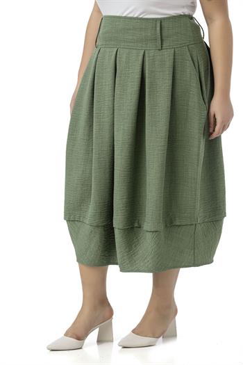 Büyük Beden Pileli Balon Kesim Midi Haki Etek