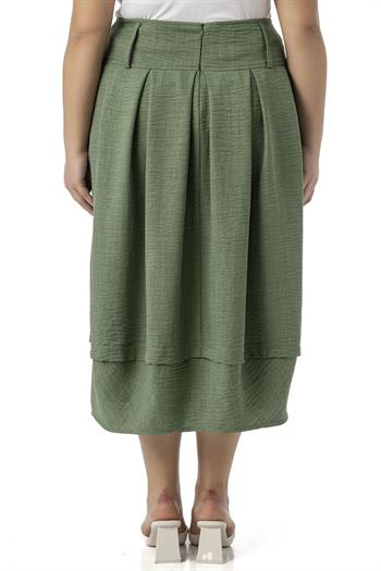 Büyük Beden Pileli Balon Kesim Midi Haki Etek