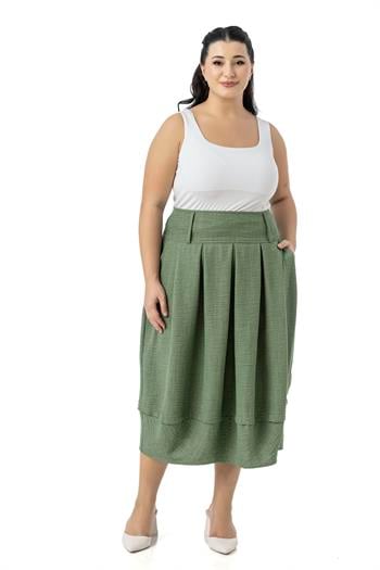 Büyük Beden Pileli Balon Kesim Midi Haki Etek